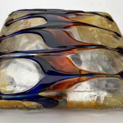 Pair of mid century modern space age wall sconces, Harlequin sconces in textured multicolor Murano glass and metal. Can be used as flush mounting. Famous Italian design like Venini, Vistosi, La Murrina, Aldo Carlo Nason for Mazzega, Stilnovo, Joe Colombo, Arteluce, Arredoluce, Lumi, Luci, Rggiani, Sciolari, Werner Pantone, Luigi Colani, Raak, Angelo Lelii, Angelo Brotto, Esperia, Francesco Bocola, Superstudio, Enrico Tronconi, Mario Bellini, Harvey Guzzini, Luigi Massoni, Mar