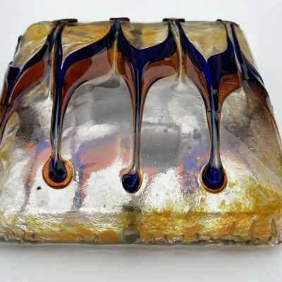 Pair of mid century modern space age wall sconces, Harlequin sconces in textured multicolor Murano glass and metal. Can be used as flush mounting. Famous Italian design like Venini, Vistosi, La Murrina, Aldo Carlo Nason for Mazzega, Stilnovo, Joe Colombo, Arteluce, Arredoluce, Lumi, Luci, Rggiani, Sciolari, Werner Pantone, Luigi Colani, Raak, Angelo Lelii, Angelo Brotto, Esperia, Francesco Bocola, Superstudio, Enrico Tronconi, Mario Bellini, Harvey Guzzini, Luigi Massoni, Mar