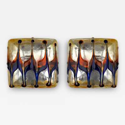 Pair of mid century modern space age wall sconces, Harlequin sconces in textured multicolor Murano glass and metal. Can be used as flush mounting. Famous Italian design like Venini, Vistosi, La Murrina, Aldo Carlo Nason for Mazzega, Stilnovo, Joe Colombo, Arteluce, Arredoluce, Lumi, Luci, Rggiani, Sciolari, Werner Pantone, Luigi Colani, Raak, Angelo Lelii, Angelo Brotto, Esperia, Francesco Bocola, Superstudio, Enrico Tronconi, Mario Bellini, Harvey Guzzini, Luigi Massoni, Mar