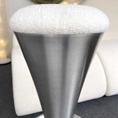 Pair of Cone bar or counter stools in stainless steel and cast aluminum. Upholstered in new bouclé fabric. Mid-Century Modern Space Age style, Verner Pantone.