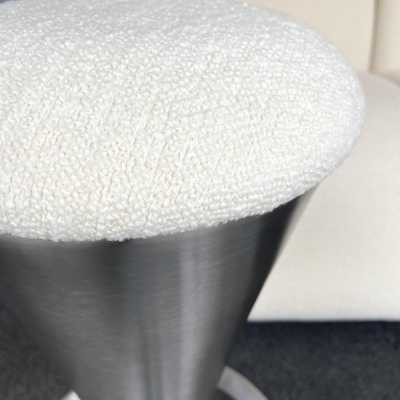 Pair of Cone bar or counter stools in stainless steel and cast aluminum. Upholstered in new bouclé fabric. Mid-Century Modern Space Age style, Verner Pantone.