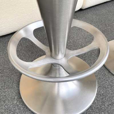 Pair of Cone bar or counter stools in stainless steel and cast aluminum. Upholstered in new bouclé fabric. Mid-Century Modern Space Age style, Verner Pantone.