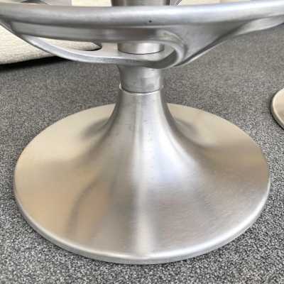 Pair of Cone bar or counter stools in stainless steel and cast aluminum. Upholstered in new bouclé fabric. Mid-Century Modern Space Age style, Verner Pantone.
