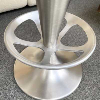 Pair of Cone bar or counter stools in stainless steel and cast aluminum. Upholstered in new bouclé fabric. Mid-Century Modern Space Age style, Verner Pantone.