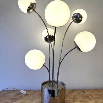 Mid-Century Modern Space Age Rare table or floor lamp by Italian designer Pia Guidetti Crippa for the publisher Lumi, chrome metal and opaline glass ball. Famous manufactures such as Sarfatti, Artemide, Arredoluce, Sciolari, Reggiani, Arlus, Stilnovo, Angelo Lelii Esperia, Hollywood Regency.