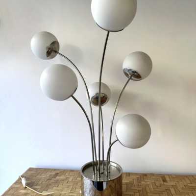 Mid-Century Modern Space Age Rare table or floor lamp by Italian designer Pia Guidetti Crippa for the publisher Lumi, chrome metal and opaline glass ball. Famous manufactures such as Sarfatti, Artemide, Arredoluce, Sciolari, Reggiani, Arlus, Stilnovo, Angelo Lelii Esperia, Hollywood Regency.