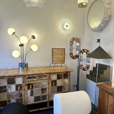 Mid-Century Modern Space Age Rare table or floor lamp by Italian designer Pia Guidetti Crippa for the publisher Lumi, chrome metal and opaline glass ball. Famous manufactures such as Sarfatti, Artemide, Arredoluce, Sciolari, Reggiani, Arlus, Stilnovo, Angelo Lelii Esperia, Hollywood Regency.