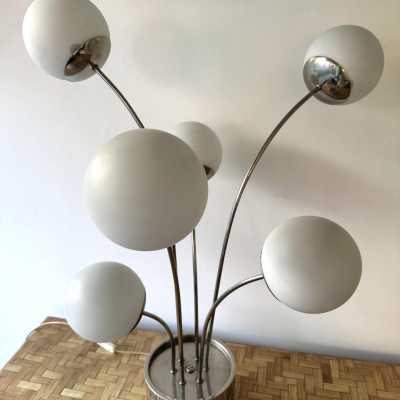 Mid-Century Modern Space Age Rare table or floor lamp by Italian designer Pia Guidetti Crippa for the publisher Lumi, chrome metal and opaline glass ball. Famous manufactures such as Sarfatti, Artemide, Arredoluce, Sciolari, Reggiani, Arlus, Stilnovo, Angelo Lelii Esperia, Hollywood Regency.