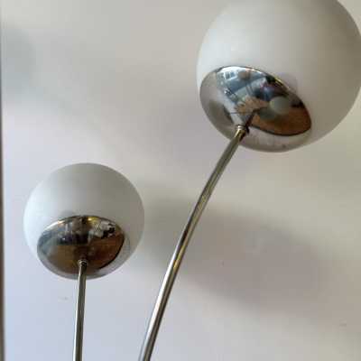 Mid-Century Modern Space Age Rare table or floor lamp by Italian designer Pia Guidetti Crippa for the publisher Lumi, chrome metal and opaline glass ball. Famous manufactures such as Sarfatti, Artemide, Arredoluce, Sciolari, Reggiani, Arlus, Stilnovo, Angelo Lelii Esperia, Hollywood Regency.