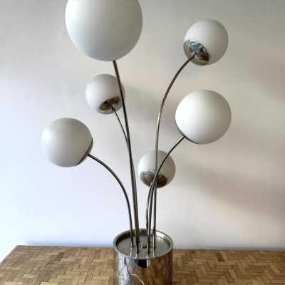 Mid-Century Modern Space Age Rare table or floor lamp by Italian designer Pia Guidetti Crippa for the publisher Lumi, chrome metal and opaline glass ball. Famous manufactures such as Sarfatti, Artemide, Arredoluce, Sciolari, Reggiani, Arlus, Stilnovo, Angelo Lelii Esperia, Hollywood Regency.