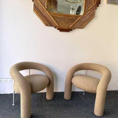 Pair of Mid-Century Modern Space Age Tube Chairs by Bartoli for publisher Rossi di Albizzate. New loopback fabric covering. In the style of Pierre Cardin, Gio Ponti, Gianfranco Frattini, Cassina, Osvaldo Borsani, Joe Colombo, Vico Magistretti, Ico Luisa Parisi, Mario Bellini, Tito Agnoli, Afra Tobia Carlo Scarpa, Luciano Frigerio, Sporiti, Marco Zanuso, Giulio Moscatelli, Formanova.