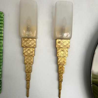 Pair of Murano glass and wood gilded with gold leaf sconces by Sergio Terzani Firenze, original factory label dated 1999. Styles Mid-Century Modern, Hollywood Regency, Venini, Mazzega, La Murrina, Veronese, Fratelli Toso, Vistosi, Esperia, Angelo Brotto, Maison Jansen, Bagues, Charles