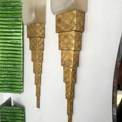 Pair of Murano glass and wood gilded with gold leaf sconces by Sergio Terzani Firenze, original factory label dated 1999. Styles Mid-Century Modern, Hollywood Regency, Venini, Mazzega, La Murrina, Veronese, Fratelli Toso, Vistosi, Esperia, Angelo Brotto, Maison Jansen, Bagues, Charles