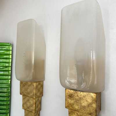Pair of Murano glass and wood gilded with gold leaf sconces by Sergio Terzani Firenze, original factory label dated 1999. Styles Mid-Century Modern, Hollywood Regency, Venini, Mazzega, La Murrina, Veronese, Fratelli Toso, Vistosi, Esperia, Angelo Brotto, Maison Jansen, Bagues, Charles