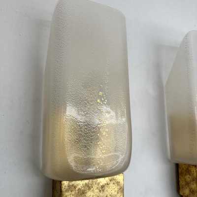 Pair of Murano glass and gold leaf gilded wood sconces by Sergio Terzani Firenze, original factory label dated 1999. Styles Mid-Century Modern, Hollywood Regency, Venini, Mazzega, La Murrina, Veronese, Fratelli Toso, Vistosi, Esperia, Angelo Brotto, Maison Jansen, Bagues, Charles