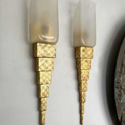 Pair of Murano glass and wood gilded with gold leaf sconces by Sergio Terzani Firenze, original factory label dated 1999. Styles Mid-Century Modern, Hollywood Regency, Venini, Mazzega, La Murrina, Veronese, Fratelli Toso, Vistosi, Esperia, Angelo Brotto, Maison Jansen, Bagues, Charles