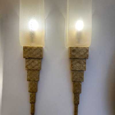 Pair of Murano glass and gold leaf gilded wood sconces by Sergio Terzani Firenze, original factory label dated 1999. Styles Mid-Century Modern, Hollywood Regency, Venini, Mazzega, La Murrina, Veronese, Fratelli Toso, Vistosi, Esperia, Angelo Brotto, Maison Jansen, Bagues, Charles