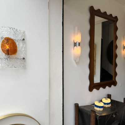 Pair of mid-century space age wall sconces in amber and clear textured Murano glass and metal backplate by Toni Zuccheri for Mazzega Manufacture. Famous Italian design like Venini, Vistosi, La Murrina, Aldo Nason, Stilnovo, Joe Colombo, Arteluce, Arredoluce, Lumi, Luci, Rggiani, Sciolari, Werner Pantone, Luigi Colani, Raak, Angelo Lelii, Angelo Brotto, Esperia, Francesco Bocola, Superstudio, Enrico Tronconi, Mario Bellini, Harvey Guzzini, Luigi Massoni, Martinelli, Pierre Cardin