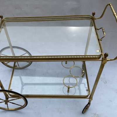 1950/70 Desserte Roulante Maison Jansen En Laiton Et Bronze Doré Pommes De Pin