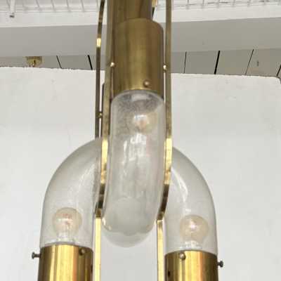Vintage brass hanging chandelier, original Space Age style model, Mid-Century Modern style, by Aldo Nason for the Mazzega factory. Bubble blown Murano glass. Renowned manufacturers: Venini, Vistosi, La Murrina, Seguso, Carlo Nason, Poliarte, Esperia, Angelo Brotto, Stilnovo, Arteluce, Arredoluce, Artemide, Pierre Cardin, Lumi, Luci, Raak, Angelo Lelii, Francesco Bocola, Superstudio, Enrico Tronconi, Mario Bellini, Harvey Guzzini, Luigi Massoni, Martinelli, Fabio Lenci and Gio Ponti.