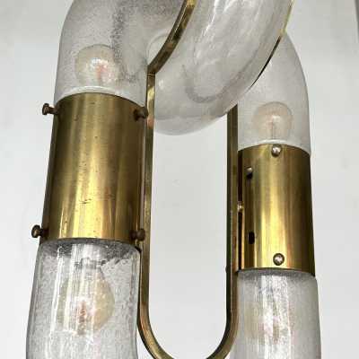 Vintage brass hanging chandelier, original Space Age style model, Mid-Century Modern style, by Aldo Nason for the Mazzega factory. Bubble blown Murano glass. Renowned manufacturers: Venini, Vistosi, La Murrina, Seguso, Carlo Nason, Poliarte, Esperia, Angelo Brotto, Stilnovo, Arteluce, Arredoluce, Artemide, Pierre Cardin, Lumi, Luci, Raak, Angelo Lelii, Francesco Bocola, Superstudio, Enrico Tronconi, Mario Bellini, Harvey Guzzini, Luigi Massoni, Martinelli, Fabio Lenci and Gio Ponti.