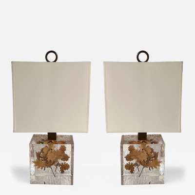 Pair of table or bedside lamps in fractal resin with leaf inclusions, design attributed to Christian Dior for the house in the 1970s. Famous designers such as Pierre Giraudon, François Godebski, Marie Claude Fouquières.