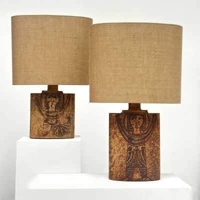 Pair of Stamped Stoneware Table Lamps, Roger Capron, Vallauris c.1970