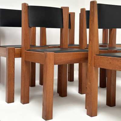 Set of Six Elm and Leather Chairs, Michel Milleret, Paris 1979