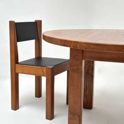 Set of Six Elm and Leather Chairs, Michel Milleret, Paris 1979
