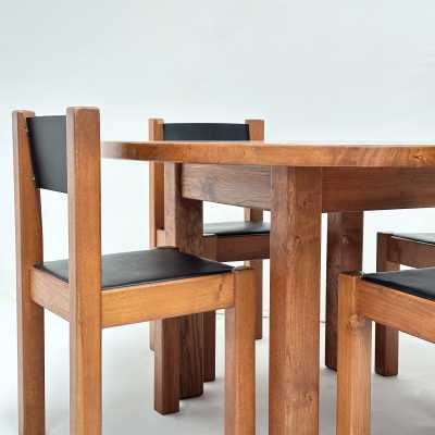 Round Dinner Table and its 4 Chairs in Solid Elm by Michel Milleret, Paris 1979