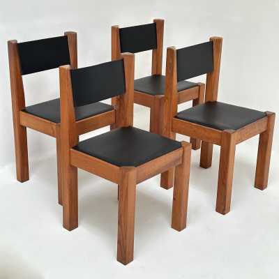 Round Dinner Table and its 4 Chairs in Solid Elm by Michel Milleret, Paris 1979