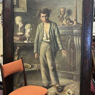 Huile sur toile, apprenti sculpteur dans l’atelier, XIXème siècle