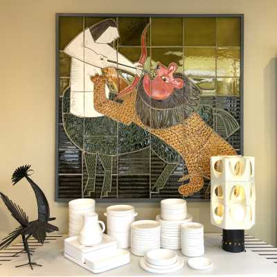 Large Embossed Stoneware Panel, Vibrant Colors, Roger Capron, 1977