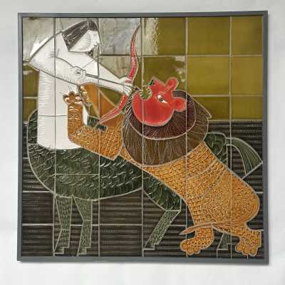 Large Embossed Stoneware Panel, Vibrant Colors, Roger Capron, 1977