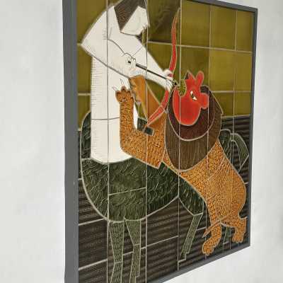 Large Embossed Stoneware Panel, Vibrant Colors, Roger Capron, 1977