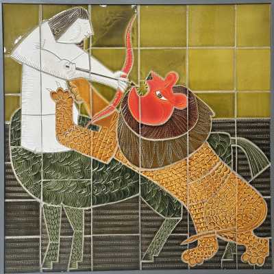 Large Embossed Stoneware Panel, Vibrant Colors, Roger Capron, 1977