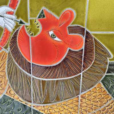 Large Embossed Stoneware Panel, Vibrant Colors, Roger Capron, 1977