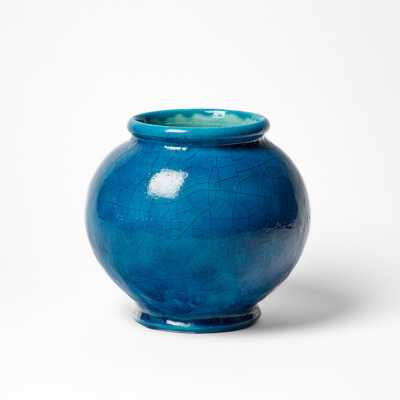 Blue glazed ceramic ball vase attributed to Raoul Lachenal, circa 1930.
