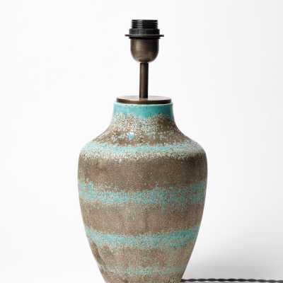 Blue glazed ceramic table lamp in the style of Jean Besnard, circa 1930-1940.