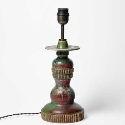 Glazed ceramic table lamp by Jean Maubrou, circa 1940.