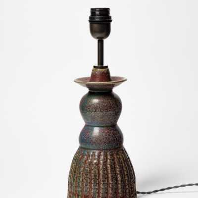 Glazed ceramic table lamp by Jean Maubrou, circa 1940.