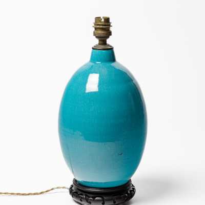 Blue glazed ceramic table lamp by Primavera, circa 1930.