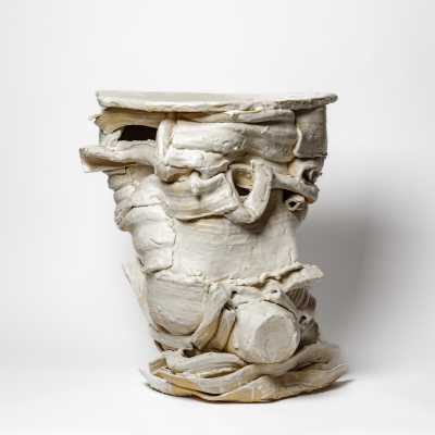 White glazed ceramic console by Patrick Crulis, 2026.