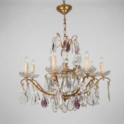 Grand Lustre Cage de Style Louis XV à Pendeloques de Cristal et Gouttes Améthyste, vers 1950