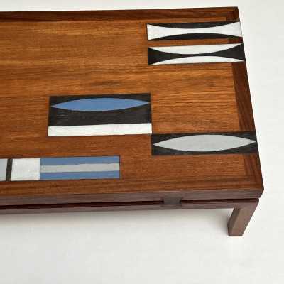 Teak Coffee Table with Navettes Ceramic Inlay by Roger Capron, 1961