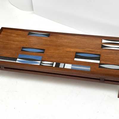 Teak Coffee Table with Navettes Ceramic Inlay by Roger Capron, 1961
