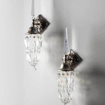 Pair of "Libertine" wall sconces by Mark Brazier-Jones, three-quarter view, cut glass arrows and pendants