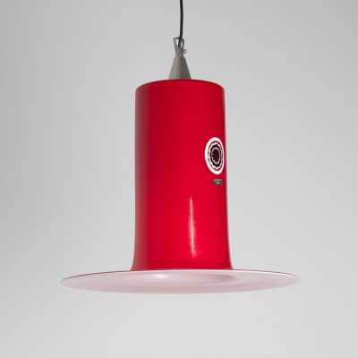Alessandro Pianon for Vistosi, red Lattimo pendant lamp in Murano glass, circa 1960