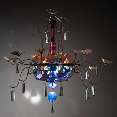 Coquillages chandelier by Dubreuil and Dixon, 1985, lit: light shining through the stained glass