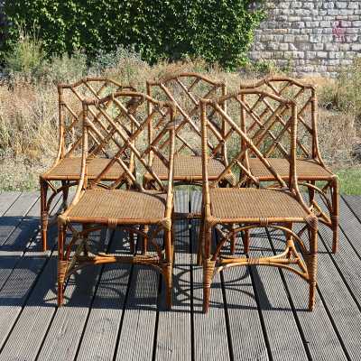 Six chaises en bambou avec assise cannée, 1940